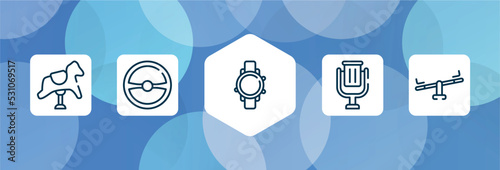 city park outline icon set isolated on blue abstract background. thin line icons such as rocking horse, steering wheel, diving watch, trash can, seesaw vector. can be used for web and mobile.