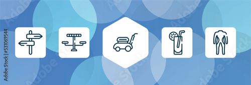 diving outline icon set isolated on blue abstract background. thin line icons such as road, picnic table, lawn mower, lemonade, diving suit vector. can be used for web and mobile.