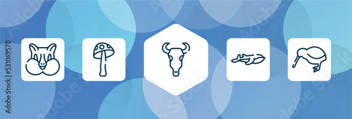 wildlife outline icon set isolated on blue abstract background. thin line icons such as chipmunk, amanita, bull skull, blue whale, kiwi vector. can be used for web and mobile.