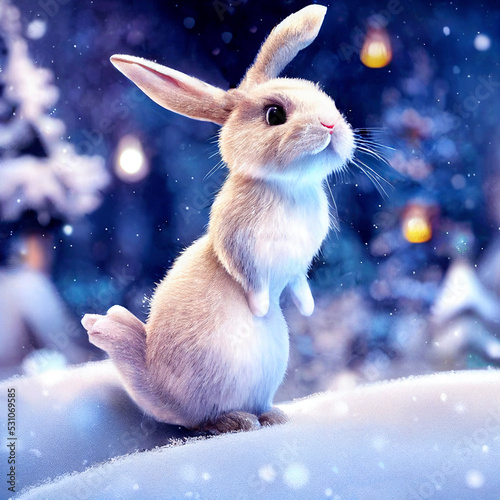 Cute Rabbit on shiny Christmas background. Happy Chinese new year 2023 year of the rabbit zodiac sign. Rabbit is the symbol of the year 2023. Spring illustration for Easter. Digital art. 3d rendering