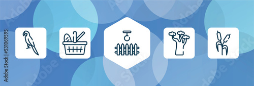 nature outline icon set isolated on blue abstract background. thin line icons such as parrot, picnic basket, swing, baobab, bulrush vector. can be used for web and mobile.