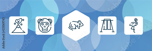 wildlife outline icon set isolated on blue abstract background. thin line icons such as volcano, orangutan, rat, swing, flamingo vector. can be used for web and mobile.