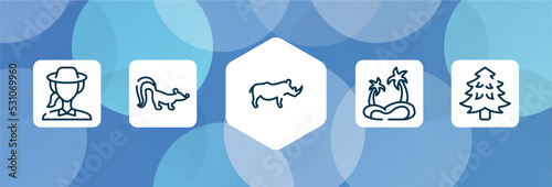 wildlife outline icon set isolated on blue abstract background. thin line icons such as biologist, skunk, rhino, oasis, pine tree vector. can be used for web and mobile.