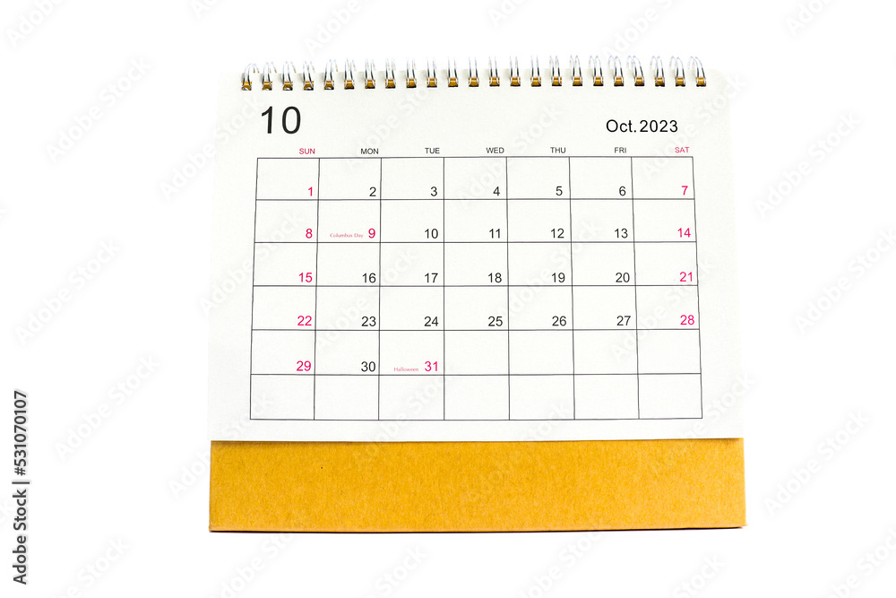 october desk calendar 2023 for planners and reminders on a white background. - obrazy, fototapety, plakaty 