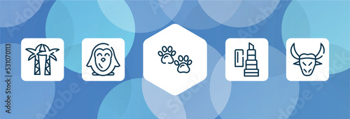 animals outline icon set isolated on blue abstract background. thin line icons such as palm tree, penguin, pawprint, balm, buffalo vector. can be used for web and mobile.