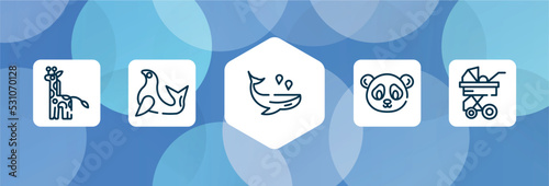 pet grooming outline icon set isolated on blue abstract background. thin line icons such as giraffe, seal, whale, panda bear, stroller vector. can be used for web and mobile.