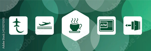 airport and travel filled icon set isolated on abstract background. glyph icons such as planes circling, takeoff the plane, teacup, automated teller hine, exit vector. can be used for web and