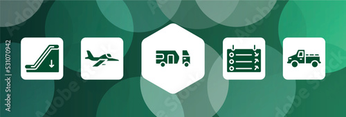 transportation filled icon set isolated on abstract background. glyph icons such as or down, army airplane, touristic, departure, pickup car vector. can be used for web and mobile.