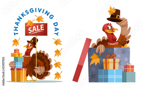 Thanksgiving Day sale banner. Cartoon turkey in a pilgrim hat with boxed shopping and sale billboard. Vector illustration. Isolated on white.
