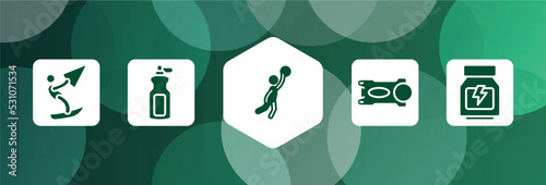 sport fitness filled icon set isolated on abstract background. glyph icons such as kitesurf, sport bottle, team player, stem, whey protein vector. can be used for web and mobile.