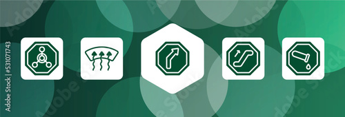 universal warning signals filled icon set isolated on abstract background. glyph icons such as radioactive warning, windshield defrost, right reverse bend, or, chemical products vector. can be used