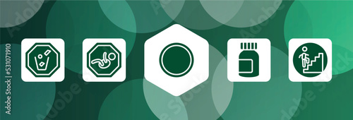 indications filled icon set isolated on abstract background. glyph icons such as throw to the bin, baby zone, empty circle, pills jar, walking up stair vector. can be used for web and mobile.