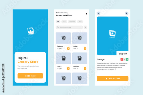 Grocery ui design template vector. Layout app mobile developer. Suitable for designing mobile android and ios