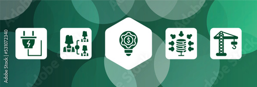 general filled icon set isolated on abstract background. glyph icons such as electric plug, hr planning, fintech innovation, data aggregation, building crane vector. can be used for web and mobile.