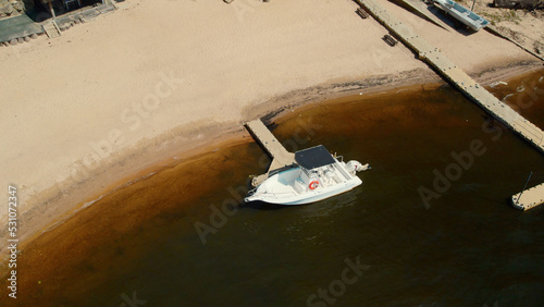 Private boat parked at the Represa do Guarapiranga in Riviera Paulista Sao Paulo Brazil, Aerial View. photo