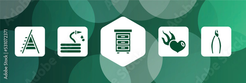 general filled icon set isolated on abstract background. glyph icons such as stepladder, hose with drops, office cabinet, heart in flames, nippers vector. can be used for web and mobile.