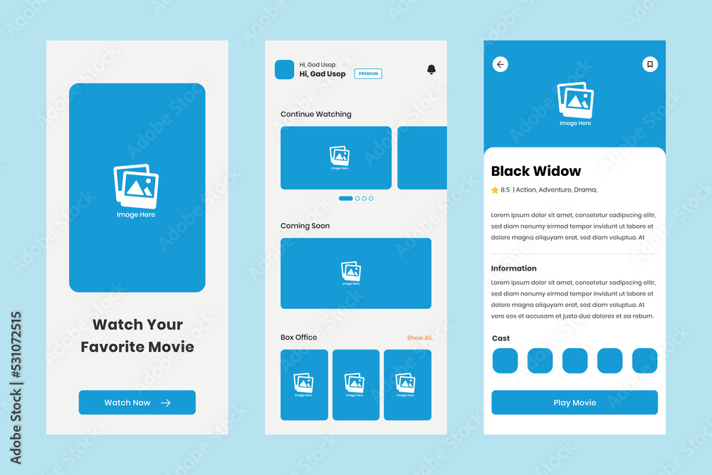 Watch movie streaming ui design template vector. Layout app mobile developer. Suitable for designing mobile android and ios