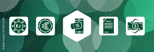business and finance filled icon set isolated on abstract background. glyph icons such as krone circular, round euro button, eticket, content management, dollar exchange vector. can be used for web