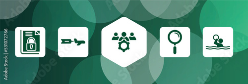 sports filled icon set isolated on abstract background. glyph icons such as encrpyted file, aerial advertising, team management, magnifier tool, waterpolo vector. can be used for web and mobile.