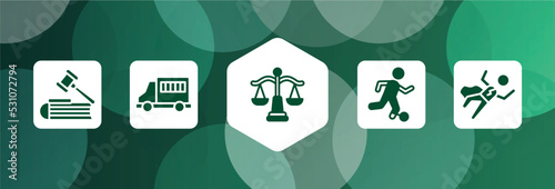 law and justice filled icon set isolated on abstract background. glyph icons such as employment law, prisoner transport vehicle, law balance, escape, crime scene vector. can be used for web and