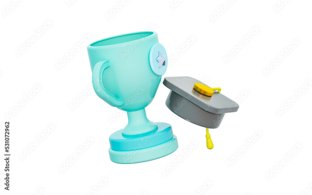 trophy with graduation cap sign 3d render concept for higher education