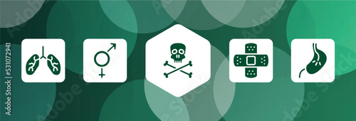 in the hospital filled icon set isolated on abstract background. glyph icons such as lungs organ, male and female, skull and crossbones, bandage cross, esophagus vector. can be used for web and