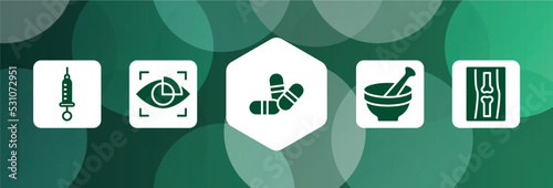 medical icons filled icon set isolated on abstract background. glyph icons such as syringe with medicine, eye scanner medical, two color pill, medicines bowl, x ray of bones vector. can be used for