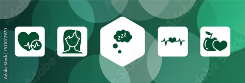 medicine and health filled icon set isolated on abstract background. glyph icons such as heart black shape, brunette female woman long hair, zzz sleep, pulse, healthy food for heart health care