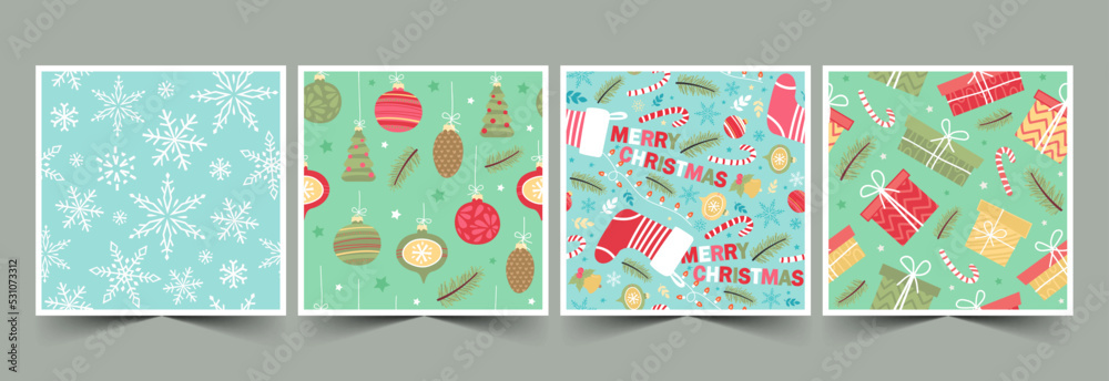 Set of seamless vector patterns for Christmas or New year. Modern flat bright colorful illustrations for wrapping paper, fabrics.