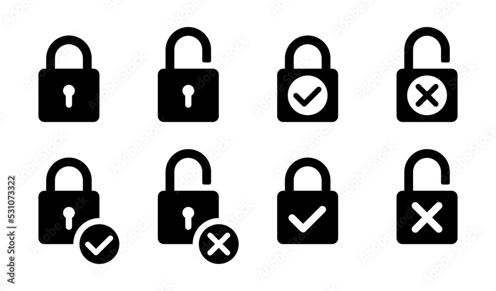 Lock and unlock icon set. Locked and unlocked padlock collection. Flat