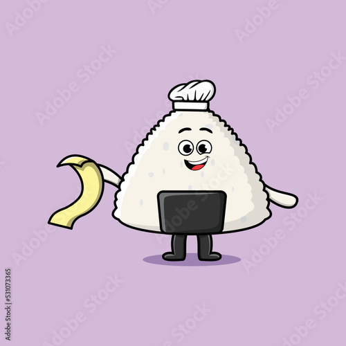 Cute cartoon rice japanese sushi chef character with menu in hand