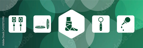 medical services filled icon set isolated on abstract background. glyph icons such as electrotherapy, lozenge, broken leg, mouth mirror, pear enema vector. can be used for web and mobile.