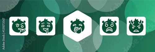 emoji filled icon set isolated on abstract background. glyph icons such as suspicious emoji, drool emoji, hand over mouth surprise angry with horns vector. can be used for web and mobile.