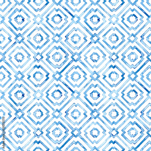 Seamless moroccan pattern. Square vintage tile. Blue and white watercolor ornament painted with watercolor on paper. Handmade. Print for textiles. Grunge texture. Vector illustration.