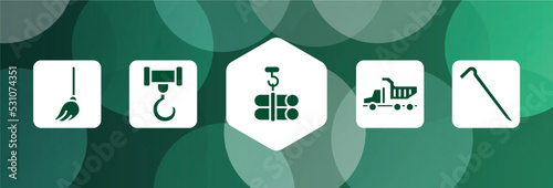 tools filled icon set isolated on abstract background. glyph icons such as mop, crane hook, tubes hook, tipper truck, crowbar vector. can be used for web and mobile.