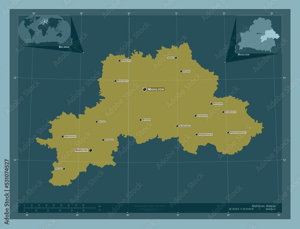 Mahilyow, Belarus. Solid. Labelled points of cities