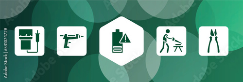 electrician tools filled icon set isolated on abstract background. glyph icons such as electric meter, glue gun, empty battery, carpenter, clamps vector. can be used for web and mobile.