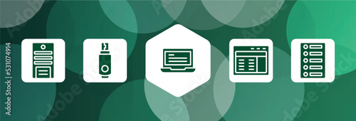 responsive web filled icon set isolated on abstract background. glyph icons such as system unit, usb flash, laptop with text, web interface, list of options vector. can be used for web and mobile.