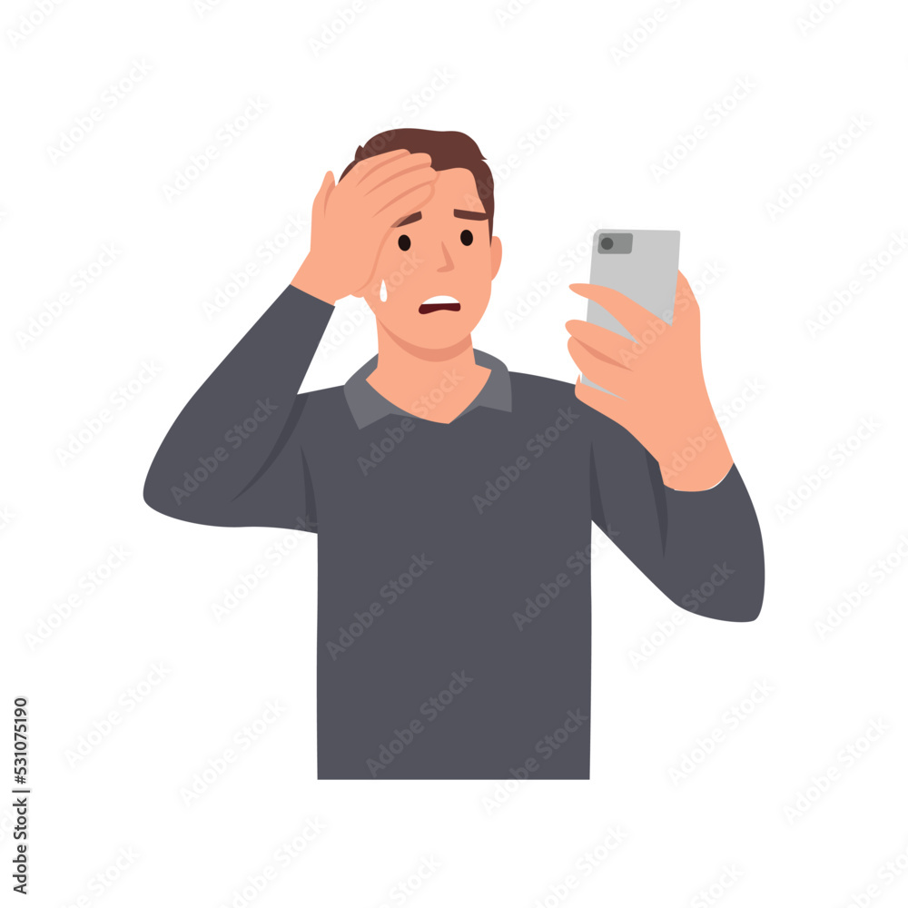 Young man texting using smart phone, stressed with hand on head, shocked, surprise face, angry and frustrated. Fear and upset for mistake. Flat vector illustration isolated on white background Young man texting using smart phone, stressed with hand on head, shocked, surprise face, angry and frustrated. Fear and upset for mistake. Flat vector illustration isolated on white background
