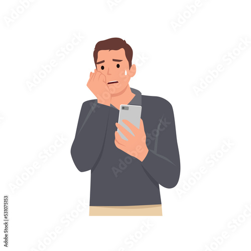 Young man Troubled worried freelancer scared of upcoming deadline date. Time constraint man employee character stressed about missing calendar deadline looking at cell phone. Flat vector illustration 