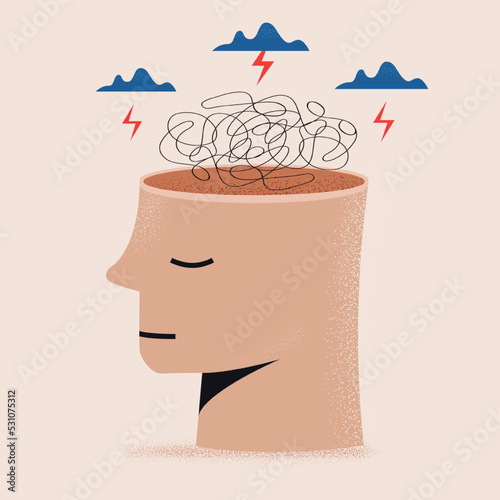 Depression in mental health man with cloud and lightning feeling problems, failures, heartbreak, worried. Tired persone icon, sad mood line style isolated on white background. 10 eps