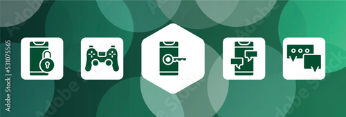 chatting filled icon set isolated on abstract background. glyph icons such as phone locked, ps4 controller, phone with keys, message from phone, speech bubble vector. can be used for web and mobile.