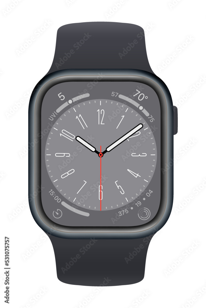 Realistic Apple Watch 8 midnight color smartwatch. Apple Watch Series 8
