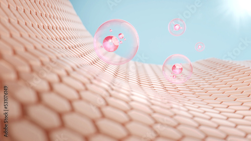 Fotografie Pink bubble with hyaluron or collagen and skin cell on blue background