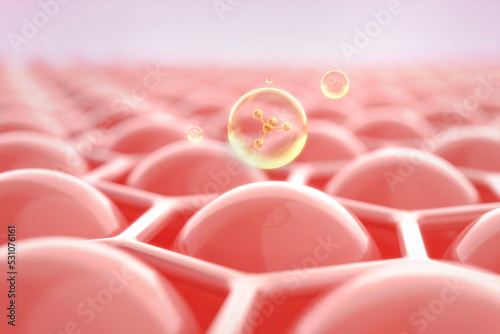 Canvas Print Bubble and atom of medical floating on collagen cell