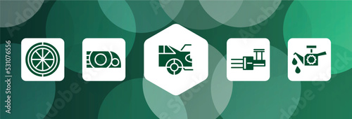 car parts filled icon set isolated on abstract background. glyph icons such as car spare wheel, car headlight, boot, distributor, oil pump vector. can be used for web and mobile.