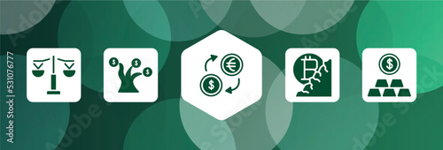 business financial filled icon set isolated on abstract background. glyph icons such as equality, money tree, money exchange, bitcoin mine, gold price vector. can be used for web and mobile.