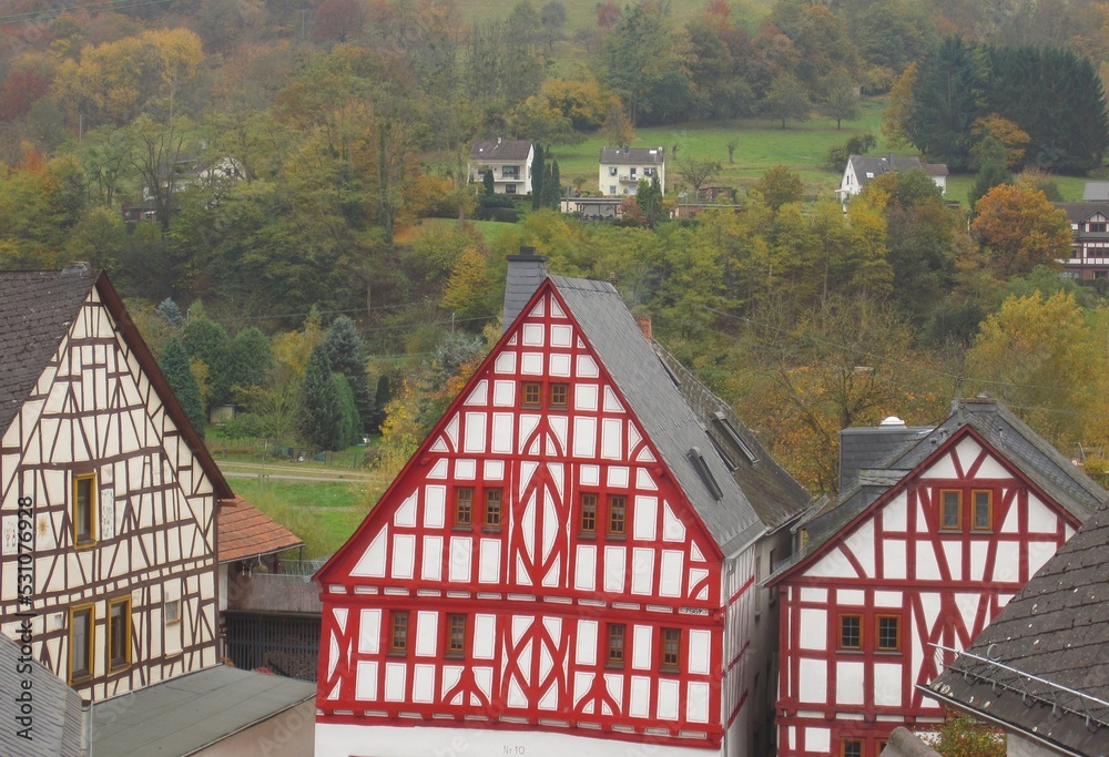 Colorful half-timbered houses in autumn in Dausenau, Germany