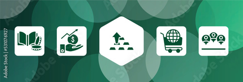 seo and business filled icon set isolated on abstract background. glyph icons such as finance book, stock market, ingot, world wide shopping, viral vector. can be used for web and mobile.