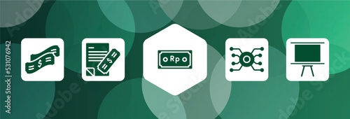 workspace filled icon set isolated on abstract background. glyph icons such as dollar bill, bank statement, indonesian rupiah, circuit, board stand vector. can be used for web and mobile.